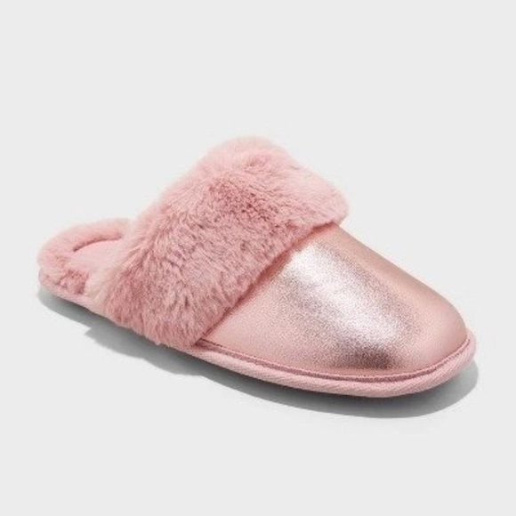 AUDEN Pink Shimmer Furry Slip-On Slippers Large 9/10 Womens - Picture 1 of 4